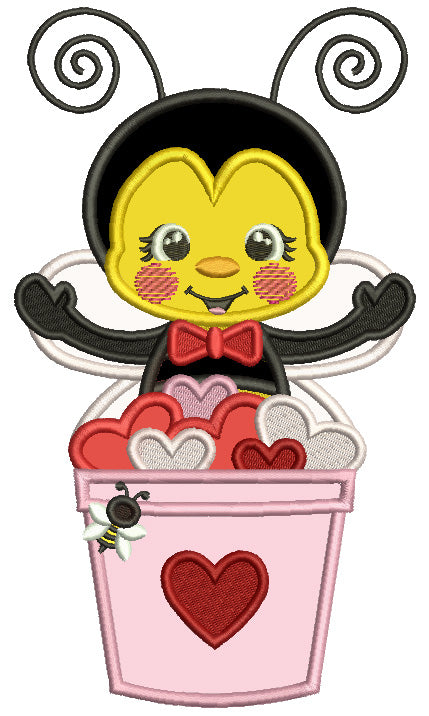 Bee Sitting Inside The Bucket With Hearts Valentine's Day Applique Machine Embroidery Design Digitized Pattern