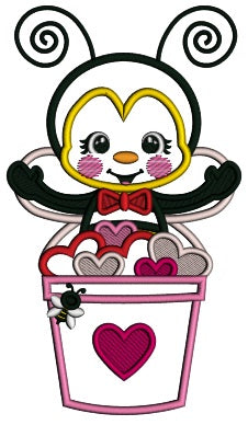 Bee Sitting Inside The Bucket With Hearts Valentine's Day Applique Machine Embroidery Design Digitized Pattern
