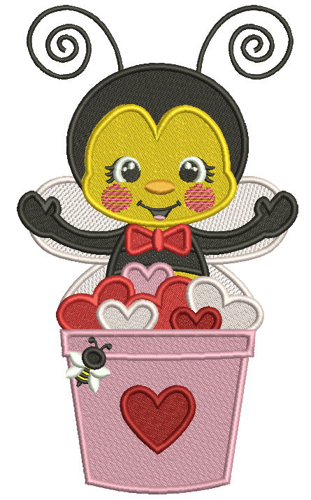 Bee Sitting Inside The Bucket With Hearts Valentine's Day Filled Machine Embroidery Design Digitized Pattern