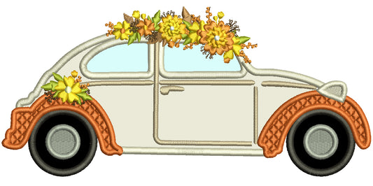 Beetle VW Car With Fall Decorations Applique Machine Embroidery Design Digitized Pattern