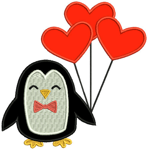 Penguin Holding Heart Balloons Applique Machine Embroidery Design Digitized Pattern