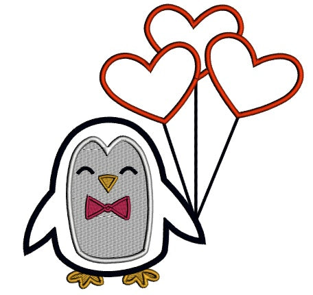Penguin Holding Heart Balloons Applique Machine Embroidery Design Digitized Pattern
