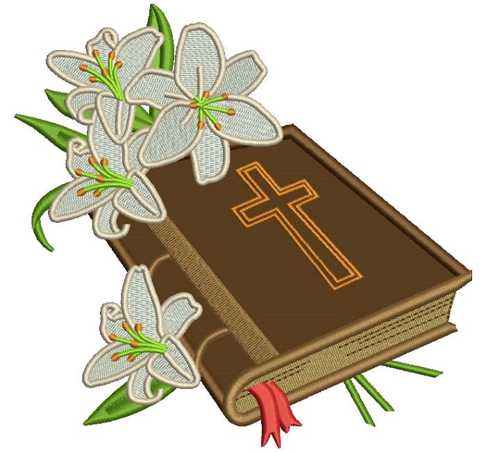 Bible With Beautiful Flowers Religious Applique Machine Embroidery Design Digitized Pattern