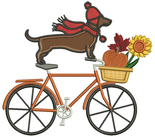 Bicycle With Dachshund Dog And Fall Basket Thanksgiving Applique Machine Embroidery Design Digitized Pattern