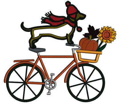 Bicycle With Dachshund Dog And Fall Basket Thanksgiving Applique Machine Embroidery Design Digitized Pattern
