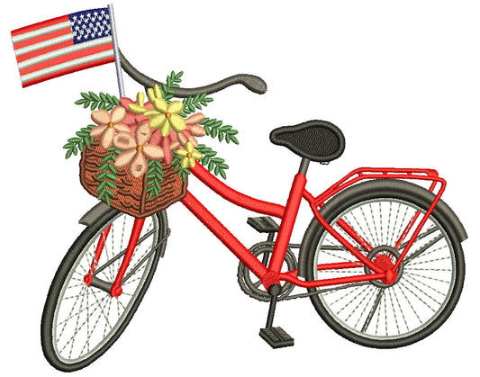 Bicycle With Flowers And American Flag Patriotic Filled Machine Embroidery Design Digitized Pattern