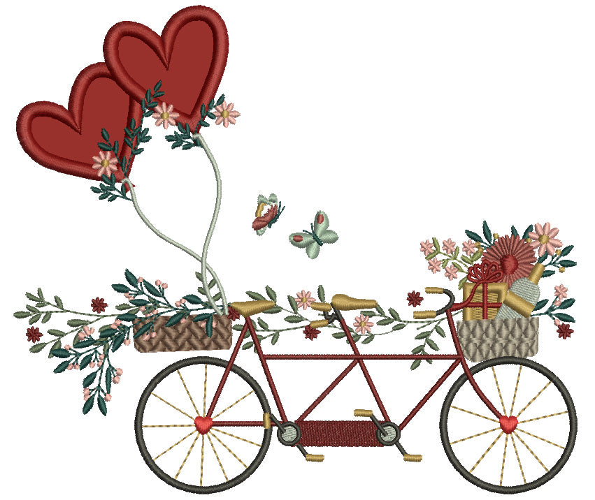 Bicycle With Flowers And Two Heart Shaped Balloons Valentine's Day Applique Machine Embroidery Design Digitized Pattern