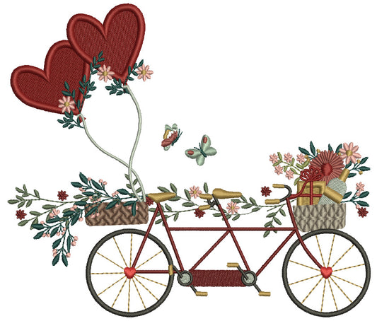Bicycle With Flowers And Two Heart Shaped Balloons Valentine's Day Filled Machine Embroidery Design Digitized Pattern