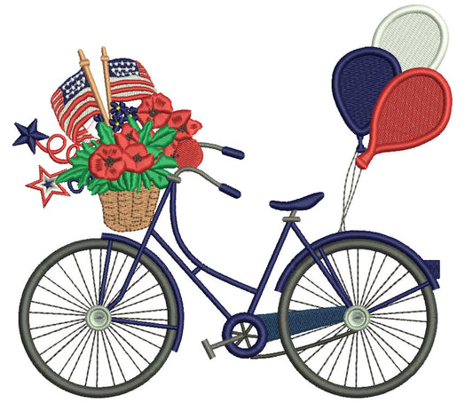 Bicycle With Flowers Balloons And American Flag Patriotic Filled Machine Embroidery Design Digitized Pattern