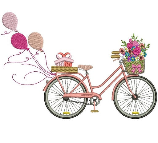 Bicycle With Flowers and Balloons Filled Machine Embroidery Digitized Design Pattern