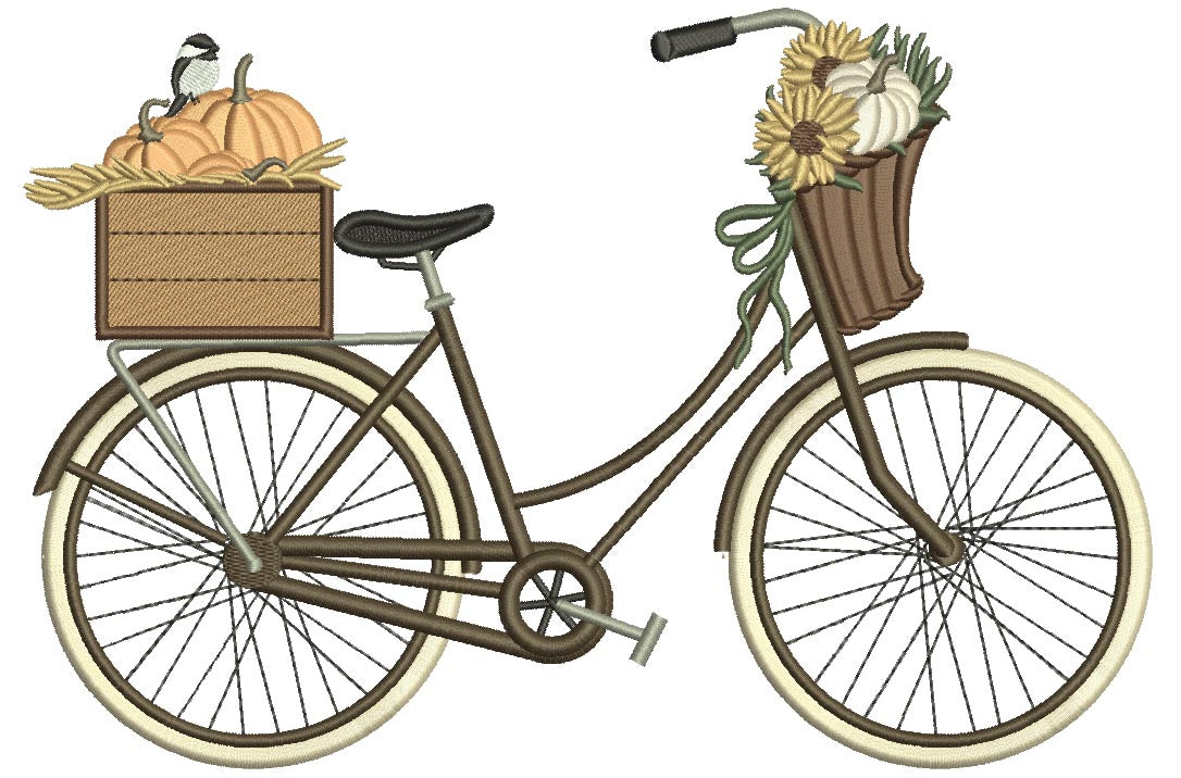 Bicycle With Pumpkins And Flowers Fall Filled Machine Embroidery Design Digitized Pattern