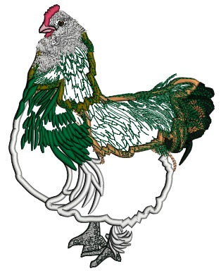 Big Fancy Hen With Grey And White Feathers Applique Machine Embroidery Design Digitized Pattern