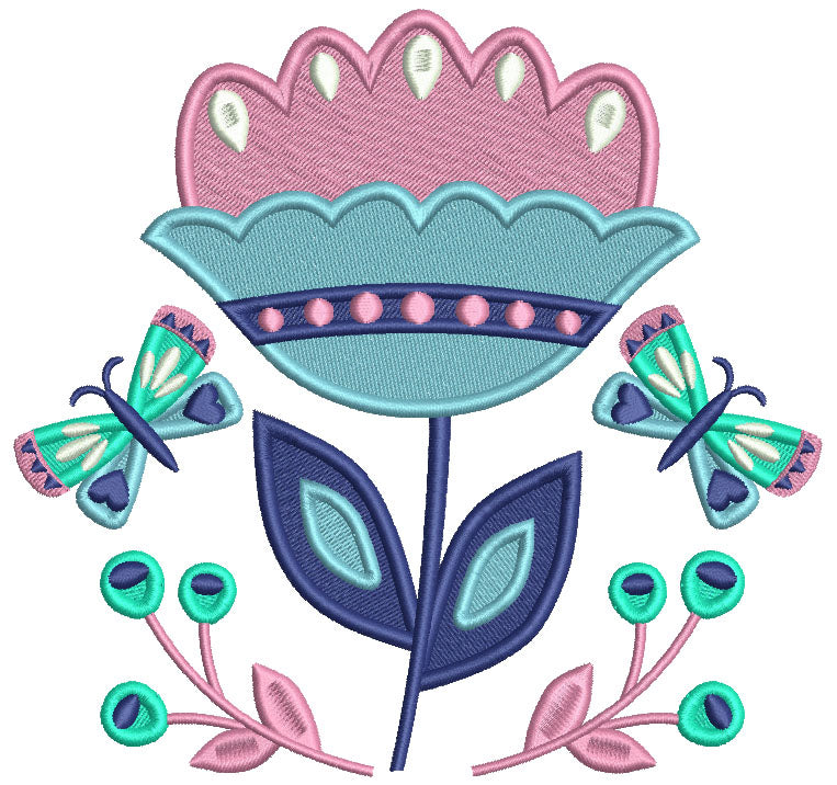 Big Flower And Butterflies Filled Machine Embroidery Design Digitized Pattern