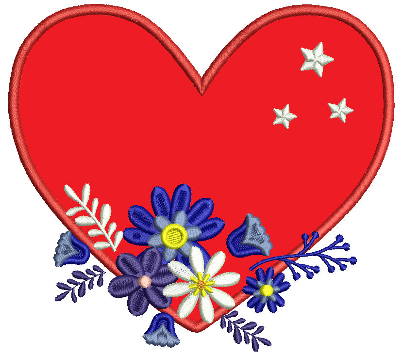 Big Heart With Flowers And Stars Applique Machine Embroidery Design Digitized Pattern