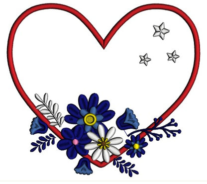 Big Heart With Flowers And Stars Applique Machine Embroidery Design Digitized Pattern
