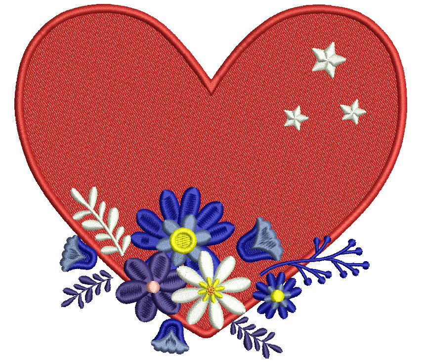 Big Heart With Flowers And Stars Filled Machine Embroidery Design Digitized Pattern