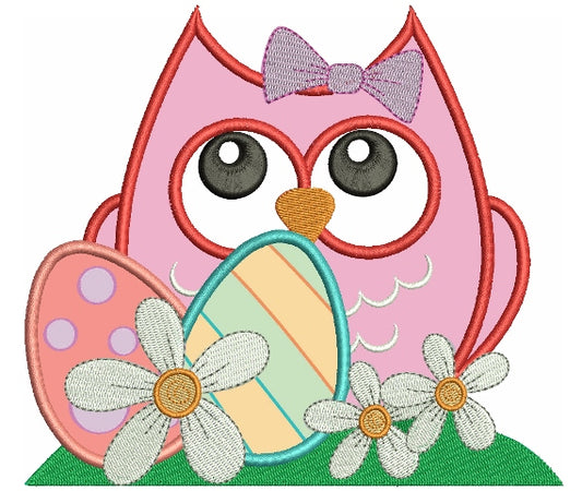 Big Owl With Cure Bow and Flowers Applique Machine Embroidery Digitized Design Pattern