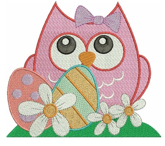 Big Owl With Cure Bow and Flowers Filled Machine Embroidery Digitized Design Pattern