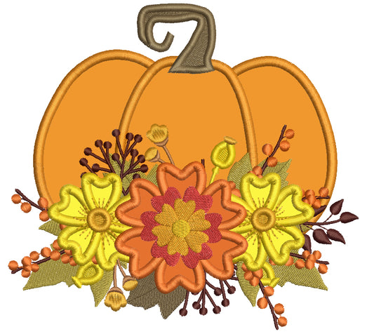 Big Pumpkin With Fall Flowers Applique Machine Embroidery Design Digitized Pattern