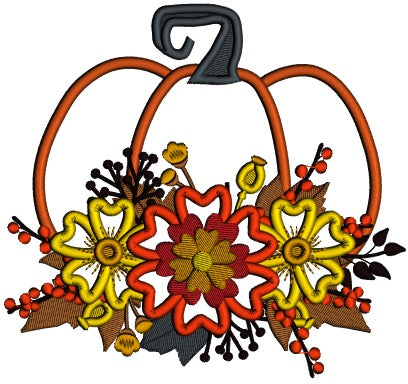Big Pumpkin With Fall Flowers Applique Machine Embroidery Design Digitized Pattern
