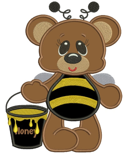 Big Smile Bear Bumblebee with Honey Applique Machine Embroidery Digitized Design Pattern