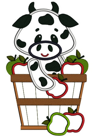 Big Smile Cow in the bucket with Apples Applique Machine Embroidery Digitized Design Pattern