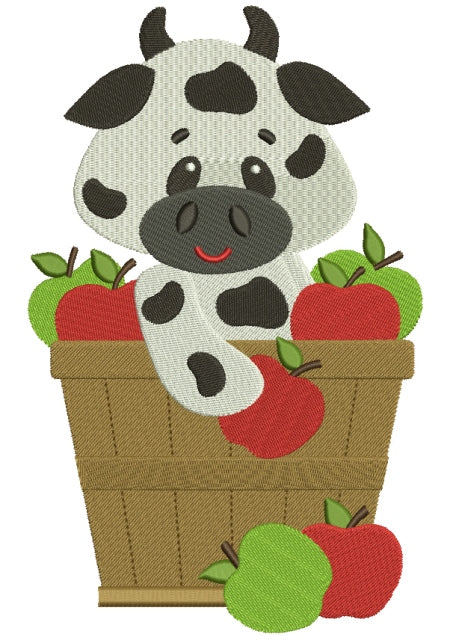 Big Smile Cow in the bucket with Apples Filled Machine Embroidery Digitized Design Pattern