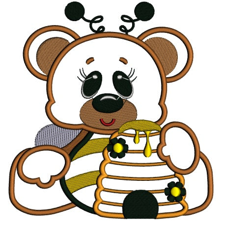 Big Smile Sitting Bear Bumblebee with Honey Applique Machine Embroidery Digitized Design Pattern