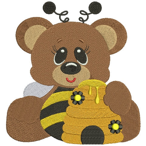 Big Smile Sitting Bear Bumblebee with Honey Filled Machine Embroidery Digitized Design Pattern