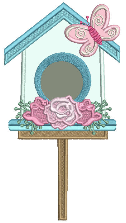 Bird House With Butterfly Applique Machine Embroidery Design Digitized Pattern