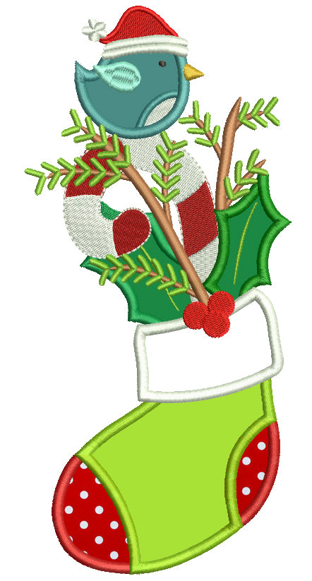 Bird in a Christmas Stocking Applique Machine Embroidery Design Digitized Pattern