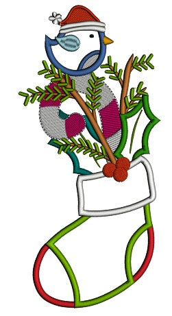 Bird in a Christmas Stocking Applique Machine Embroidery Design Digitized Pattern