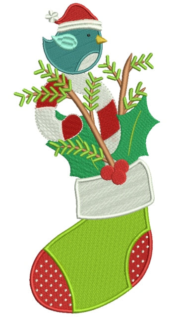 Bird in a Christmas Stocking Filled Machine Embroidery Design Digitized Pattern