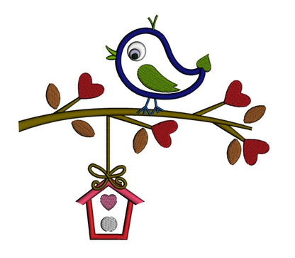 Bird on a Branch With a Tree House Applique Machine Embroidery Digitized Design Pattern