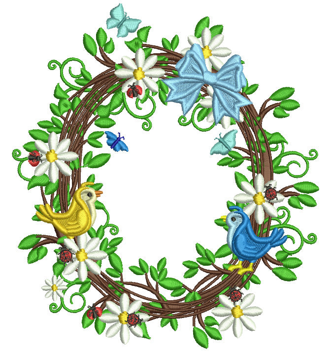 Birds Flowers And Ladybugs Wreath Filled Machine Embroidery Design Digitized Pattern