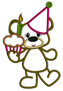 Birthday Bear With a Cupcake With Candle Applique Machine Embroidery Design Digitized Pattern