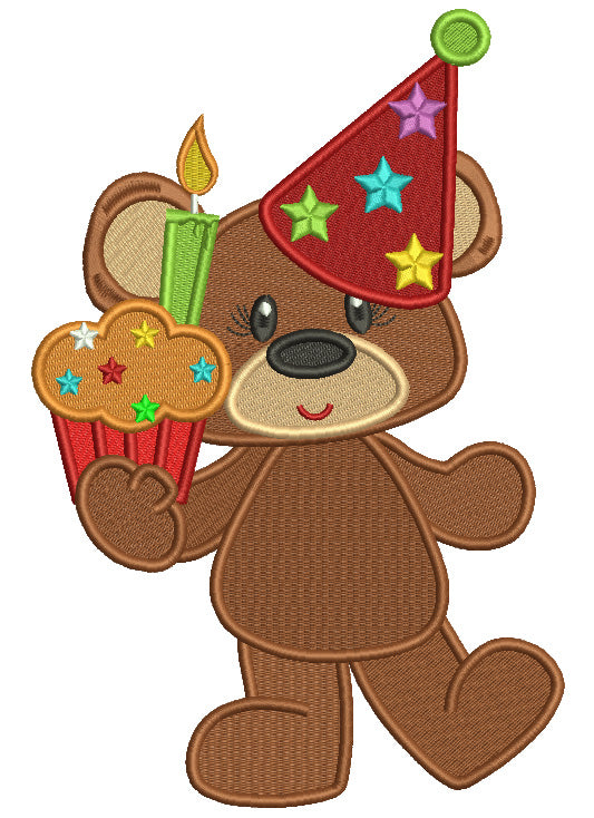 Birthday Bear With a Cupcake With Candle Filled Machine Embroidery Design Digitized Pattern