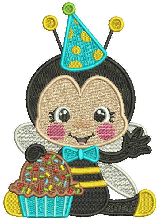 Birthday Bee Holding Cupckake Filled Machine Embroidery Design Digitized Pattern