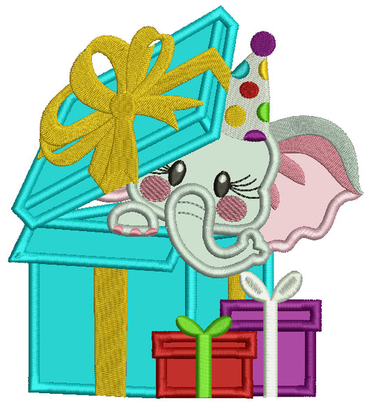 Birthday Elephant Hiding Inside a Gift Box Applique Machine Embroidery Design Digitized Pattern