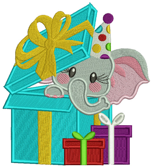 Birthday Elephant Hiding Inside a Gift Box Filled Machine Embroidery Design Digitized Pattern