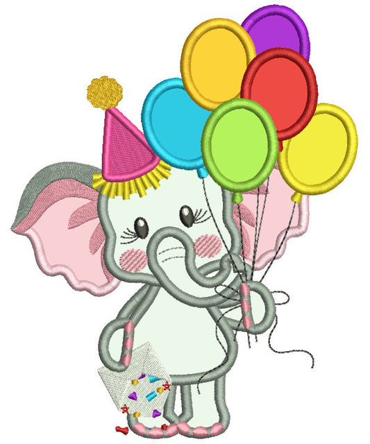 Birthday Elephant Holding Letter and Balloons Applique Machine Embroidery Design Digitized Pattern