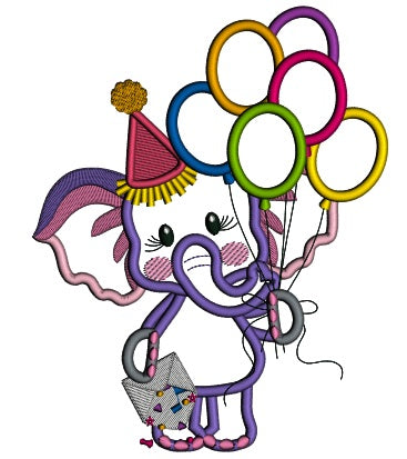 Birthday Elephant Holding Letter and Balloons Applique Machine Embroidery Design Digitized Pattern