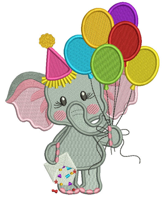 Birthday Elephant Holding Letter and Balloons Filled Machine Embroidery Design Digitized Pattern