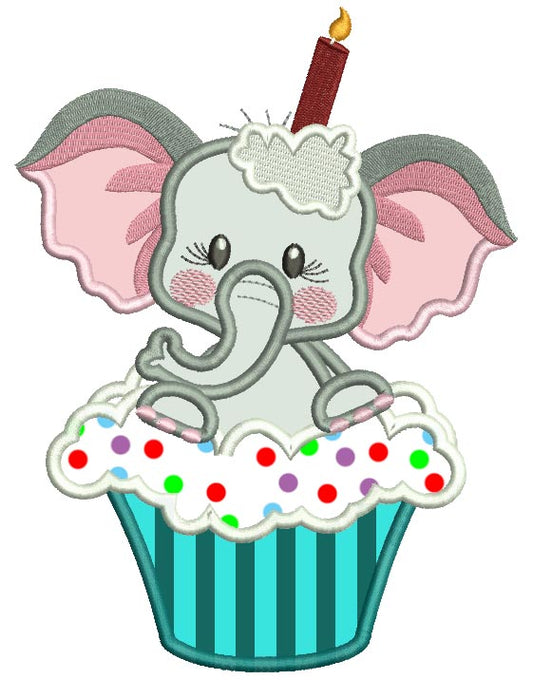 Birthday Elephant Sitting Inside Cupcake Applique Machine Embroidery Design Digitized Pattern