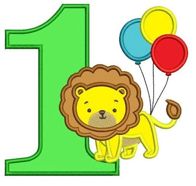 Birthday Number One (1) Little Lion with balloons Machine Embroidery Applique Design Digitized Pattern - Instant Download 4x4 ,5x7,6x10