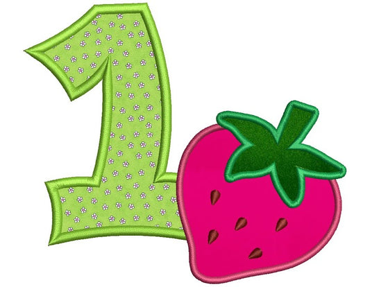 Birthday Strawberry Number 1 Applique (1st birthday) Machine Embroidery Design Pattern- Instant Download - 4x4 , 5x7, and 6x10 hoops