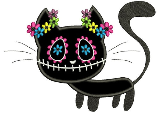 Black Cat Day of the Dead Dia de los Muertos Applique Machine Embroidery Design Digitized Pattern