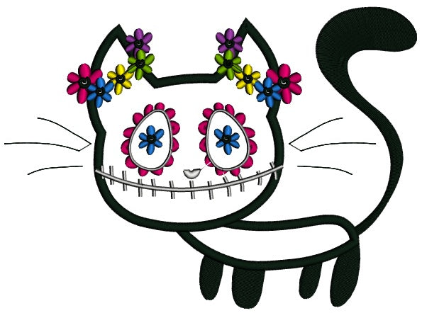 Black Cat Day of the Dead Dia de los Muertos Applique Machine Embroidery Design Digitized Pattern