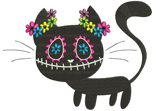Black Cat Day of the Dead Dia de los Muertos Filled Machine Embroidery Design Digitized Pattern