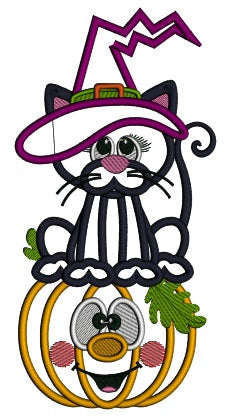 Black Cat Sitting on a Pumpkin Wearing Witch Hat Halloween Applique Machine Embroidery Design Digitized Pattern